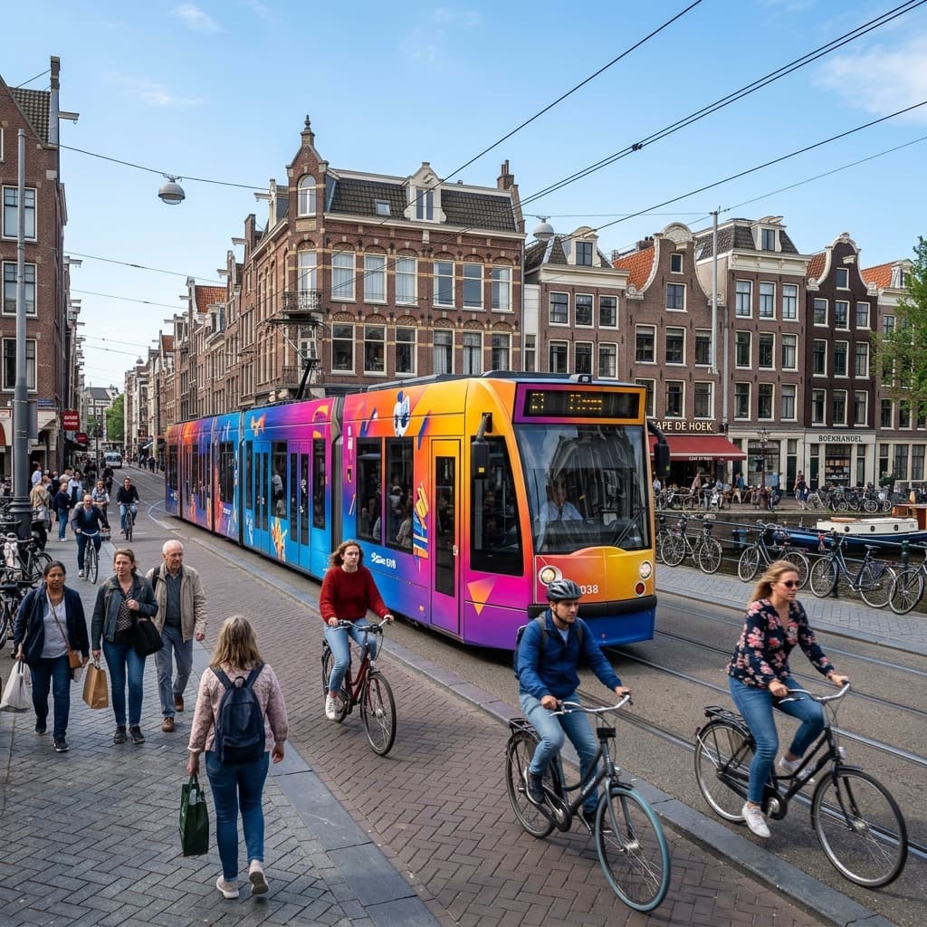 Volledig gewrapte tram in de stad